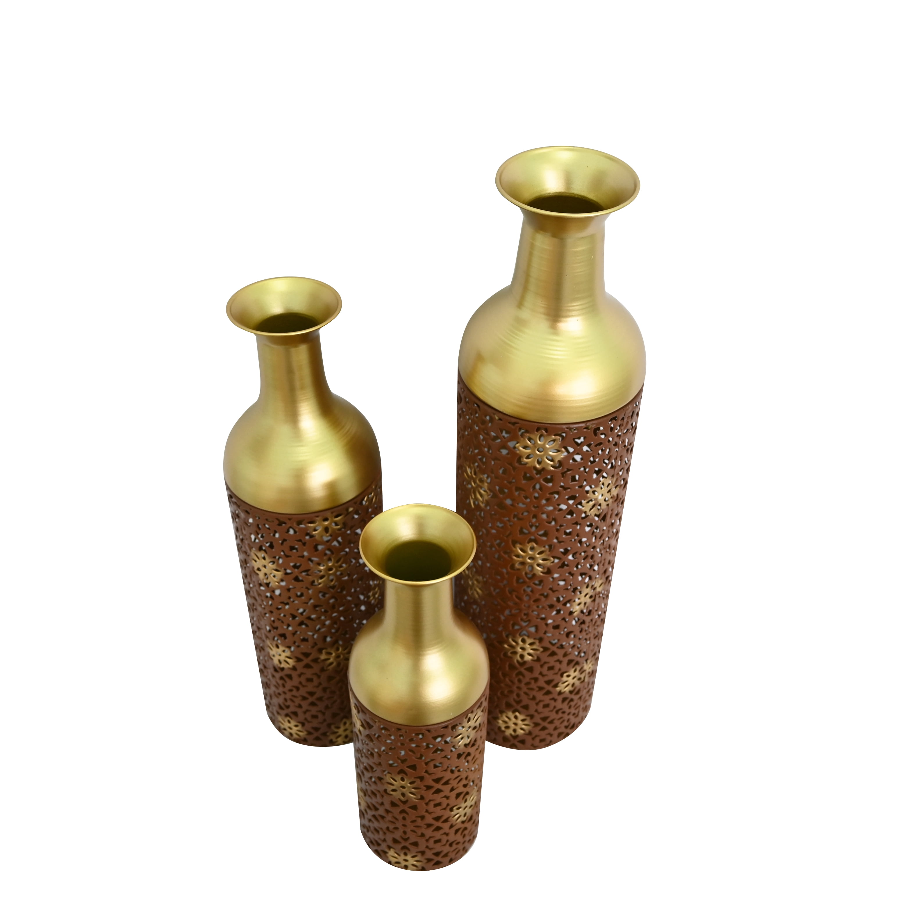 Metal Floor Vases Set of 3 with Leaf Pattern, Tall Decorative Vases and Home Decor Accents for Living Room Entryway, Rustic Brown