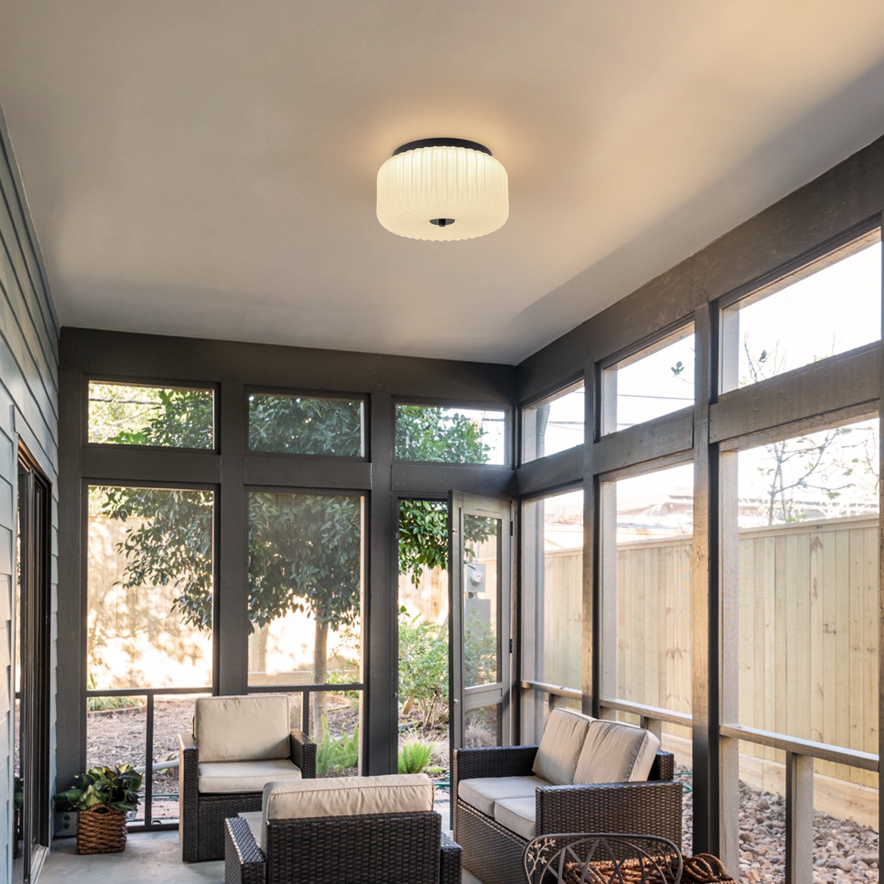 C Cattleya 10.75 in. Black Flush Mount Ceiling Light with White Ribbed Glass Shade