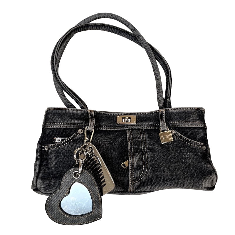 Wash Denim Tote Bag - Punk & Y2K Trendy Stretchy Strap Underarm Crossbody Bag for Women | Multi-Pocket Ita Bag Display for Anime Pins, Lolita, Cosplay, JK Fashion, Kawaii & Gothic Style (Black,
