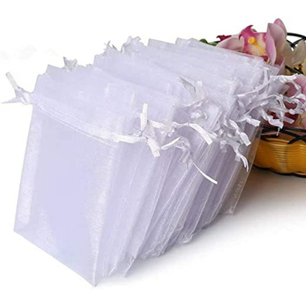 Paquete de 100 bolsas blancas, bolsas de malla de 4 x 6 pulgadas, bolsas de regalo con cordón, bolsas de joyería para dulces, recuerdos de boda, Navidad