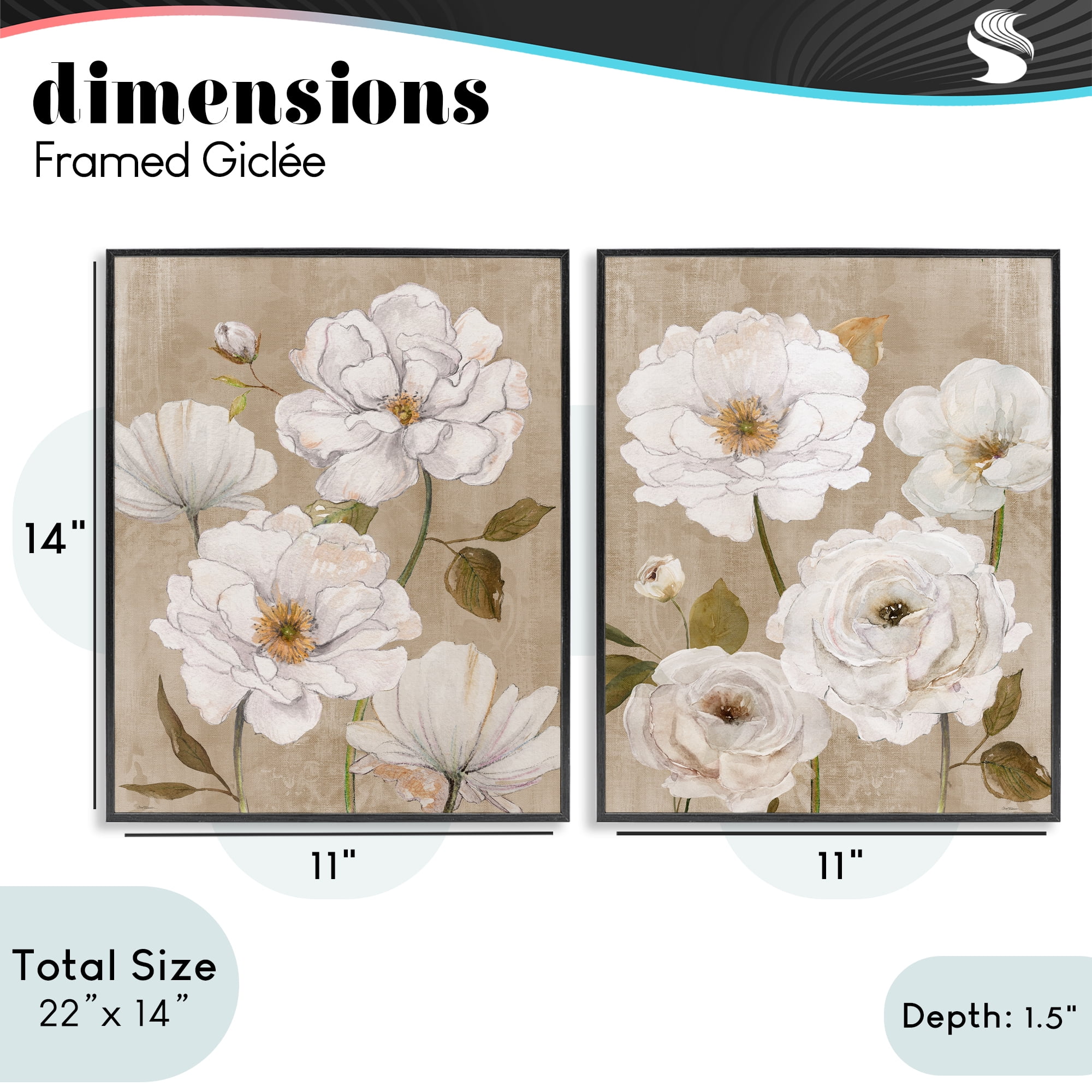 Stupell Industries White Blooms over Neutral 2 Piece Black Framed Giclee Art Set, design by Carol Robinson