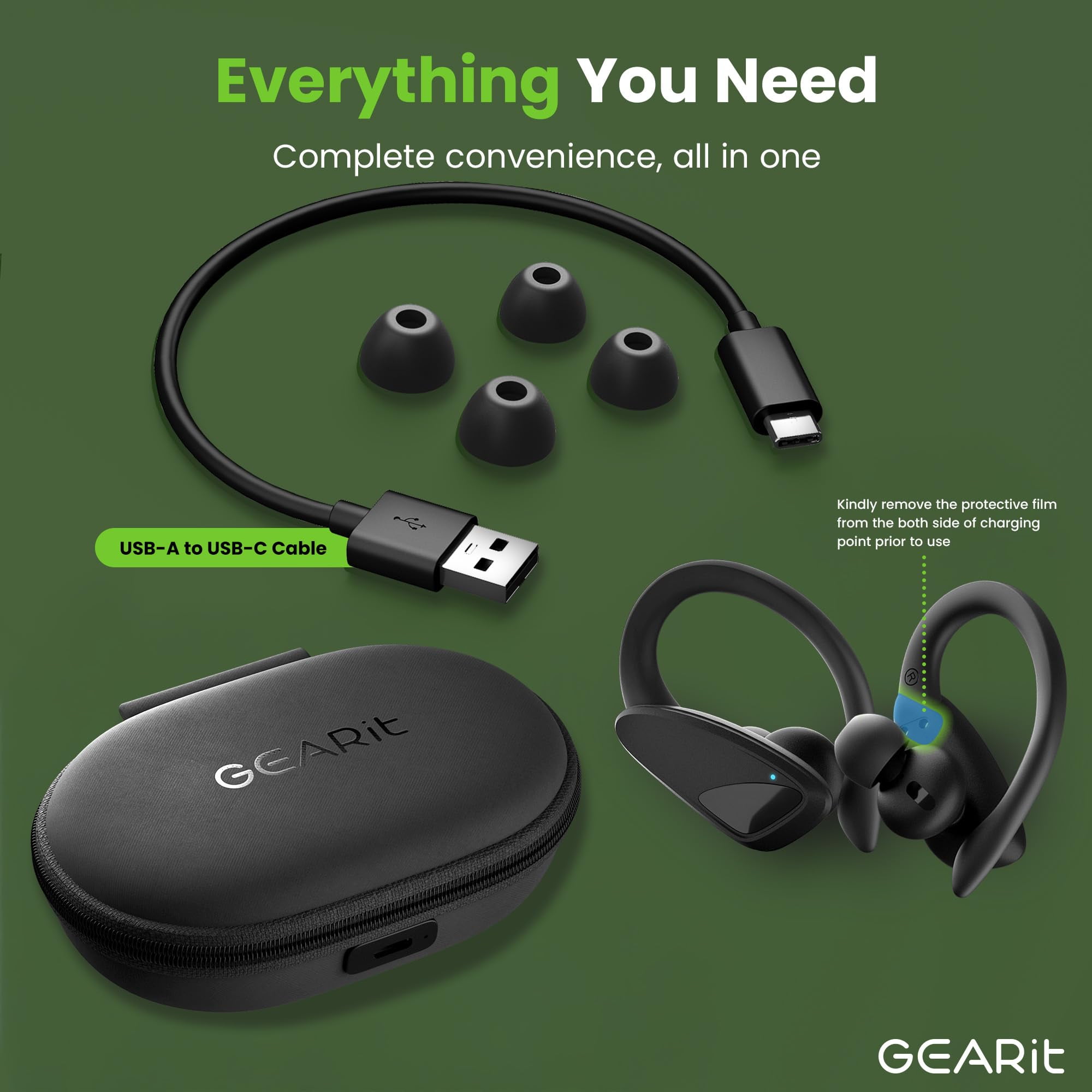 GEARit Sport Hook True Wireless Earbuds Compatible with iPhone & Android - 23H Playtime - IPX7 Water Resistant & Sweatproof - Secure Fit 5.4 Bluetooth Ear Buds - Wireless Bluetooth Earbuds
