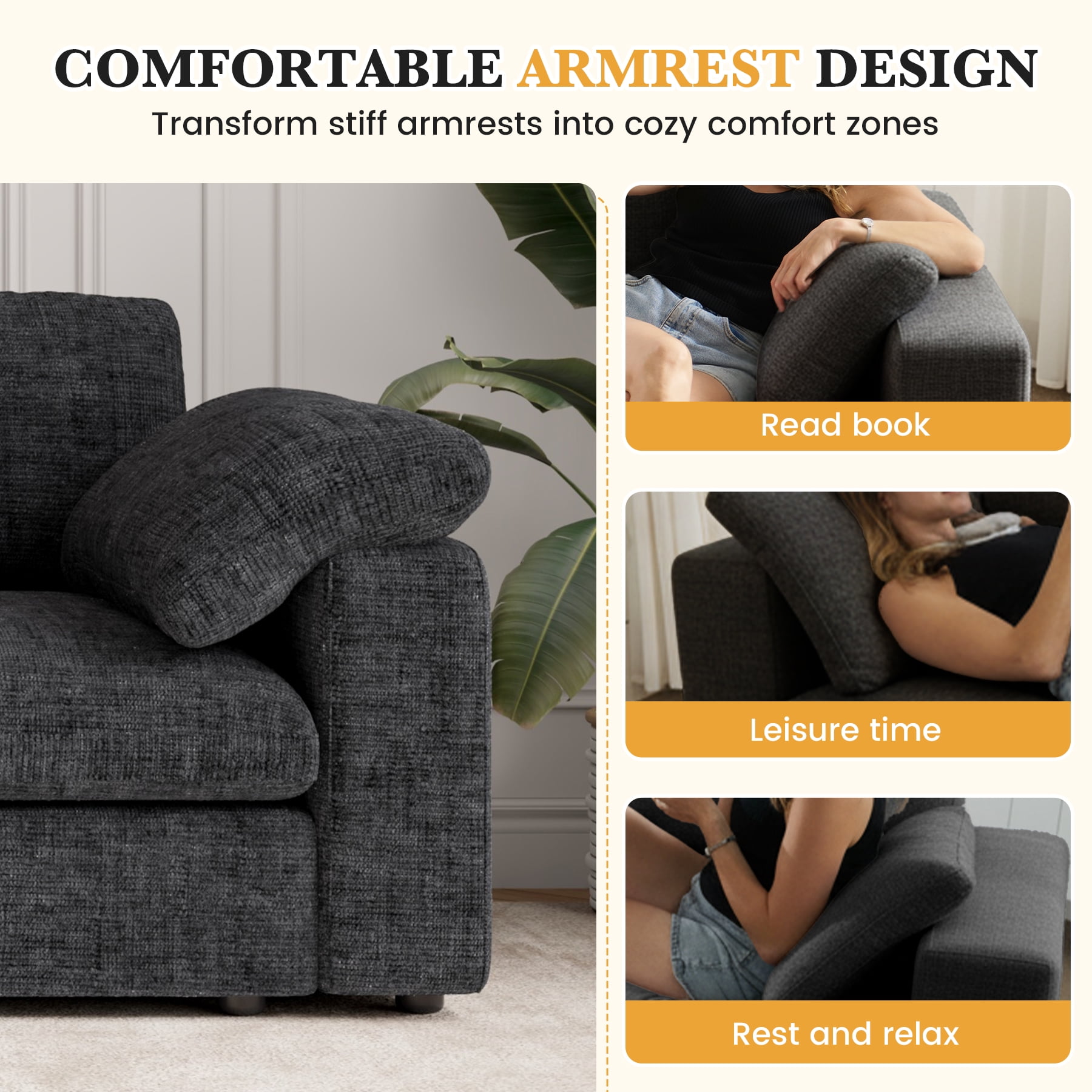 MOONMISS 118" Oversized Modular Sectional Sofa, L Shaped 3 Seaters with Storage Ottoman Cloud Couch Sofa Set, Modern Convertible Chenille Deep Seat Sectional Couches for Living Room,Black