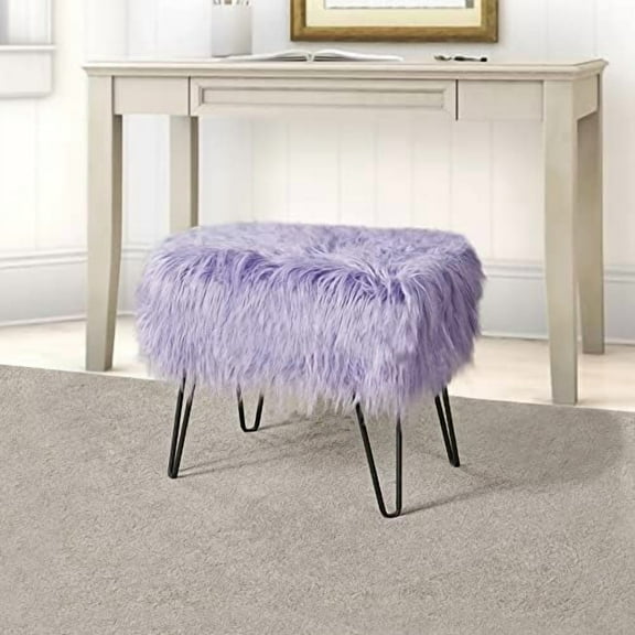 Purple Plush Faux Fur Ottoman Entryway Bench 19.5"x12.5"x17" Comfy Fluffy Shaggy Makeup Stools with Metal Leg Foot Rest Sturdy Foot Stool Bedroom End of Bed Living Room  Vanity Home Décor