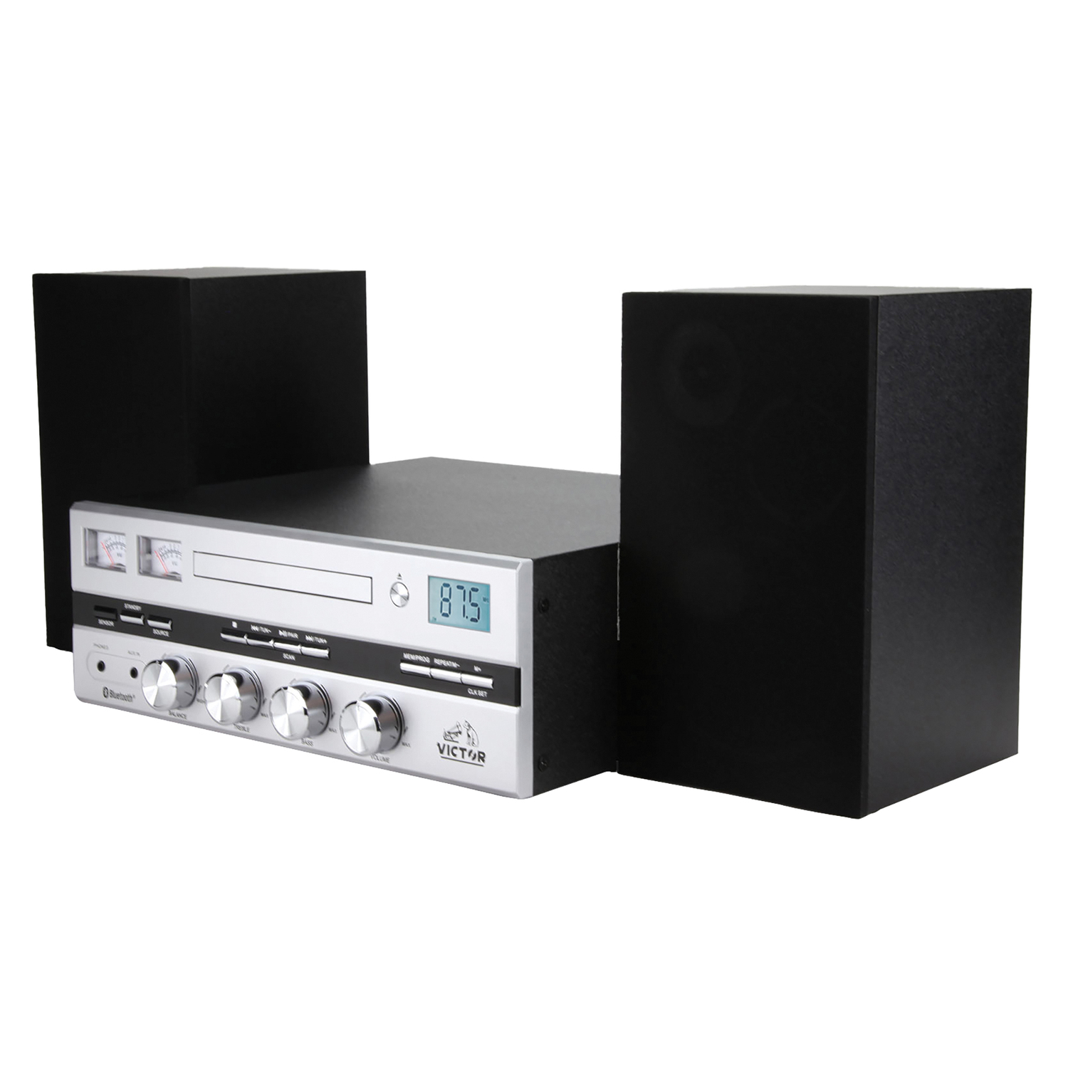 Victor Milwaukee Desktop Home Stereo System with CD Player, FM Radio, Detached Speakers, and Bluetooth
