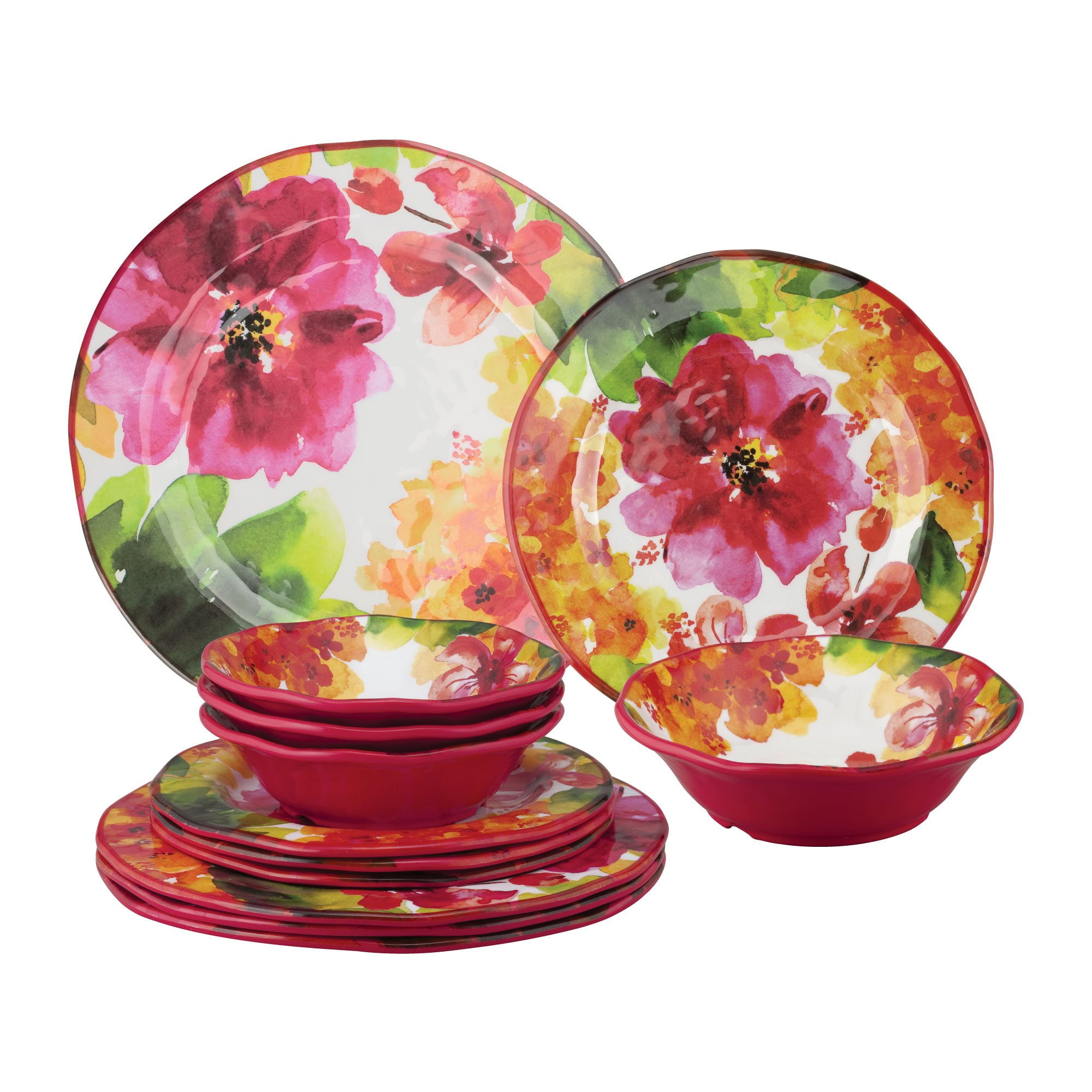 Gourmet Art 12-Piece Pink Floral Heavyweight and Durable Melamine ...