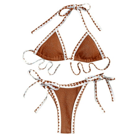 Womens Bikinis Summer Solid Color Lace Up Halter Brassiere With Thongs Beach Vacation Two Piece Bikini Sets For Women Activewear Brown S