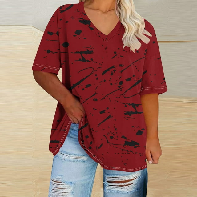 Karight Plus Size Tops for Women Boho Y2K Graphic Tees Oversized Short Sleeve Tshirts Summer Trendy Outfits Top