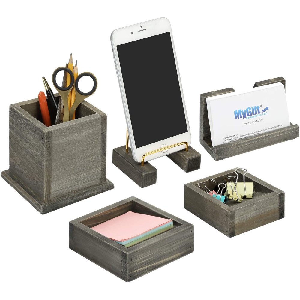 MyGift 5Piece Rustic Gray Wood Home Office Desk Accessory Set