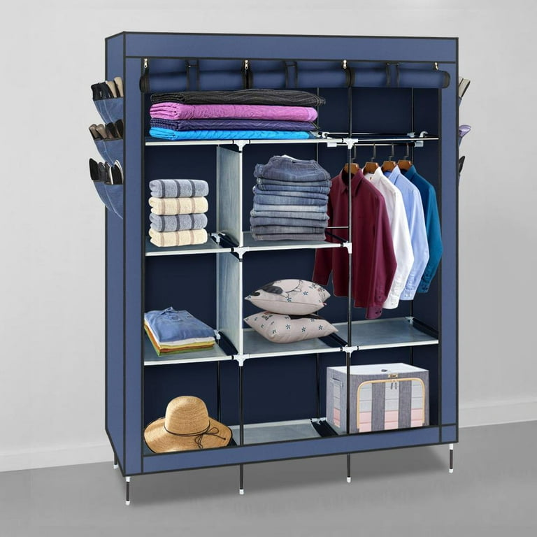 Ubesgoo Portable Closet Storage Organizer Wardrobe Clothes Rack Shelves Navy Blue
