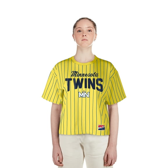 Women's-New Era Yellow Minnesota Twins City Connect Multiplier Pinstripe Cropped T-Shirt