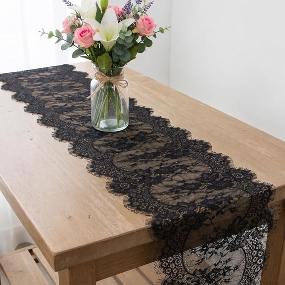 RAIRSKY Black Lace Table Runner Vintage Gothic Lace Tablecloth Embroidered Doilies Long Tulle Fabric Halloween Table Decor for Wedding Home Parties Gathering(14x118 Inch)