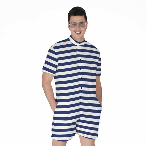 Navy And White Striped Pattern Short Sleeve Men'S Rompers Casual Summer Jumpsuits Outfit