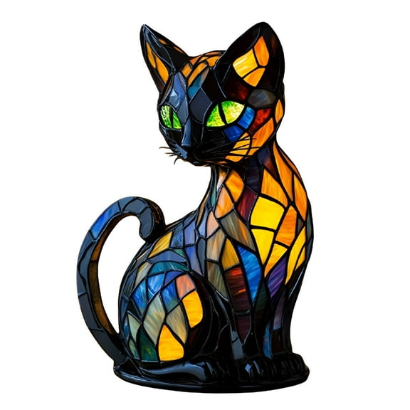 HIBIBUD Stained Glass Cat Lamp,Retro Cat Stained Resin Table Lamp,Tabletop Night Light,Warm Ambient Glow,Fun Gift for Cat Lovers Cat Night Light