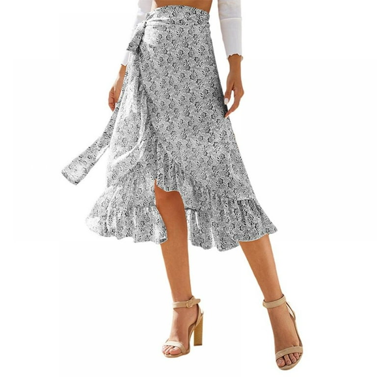 Women s Chiffon Floral High Waist Ruffle Tie Wrap Midi Skirt Summer Beach Maxi Dress