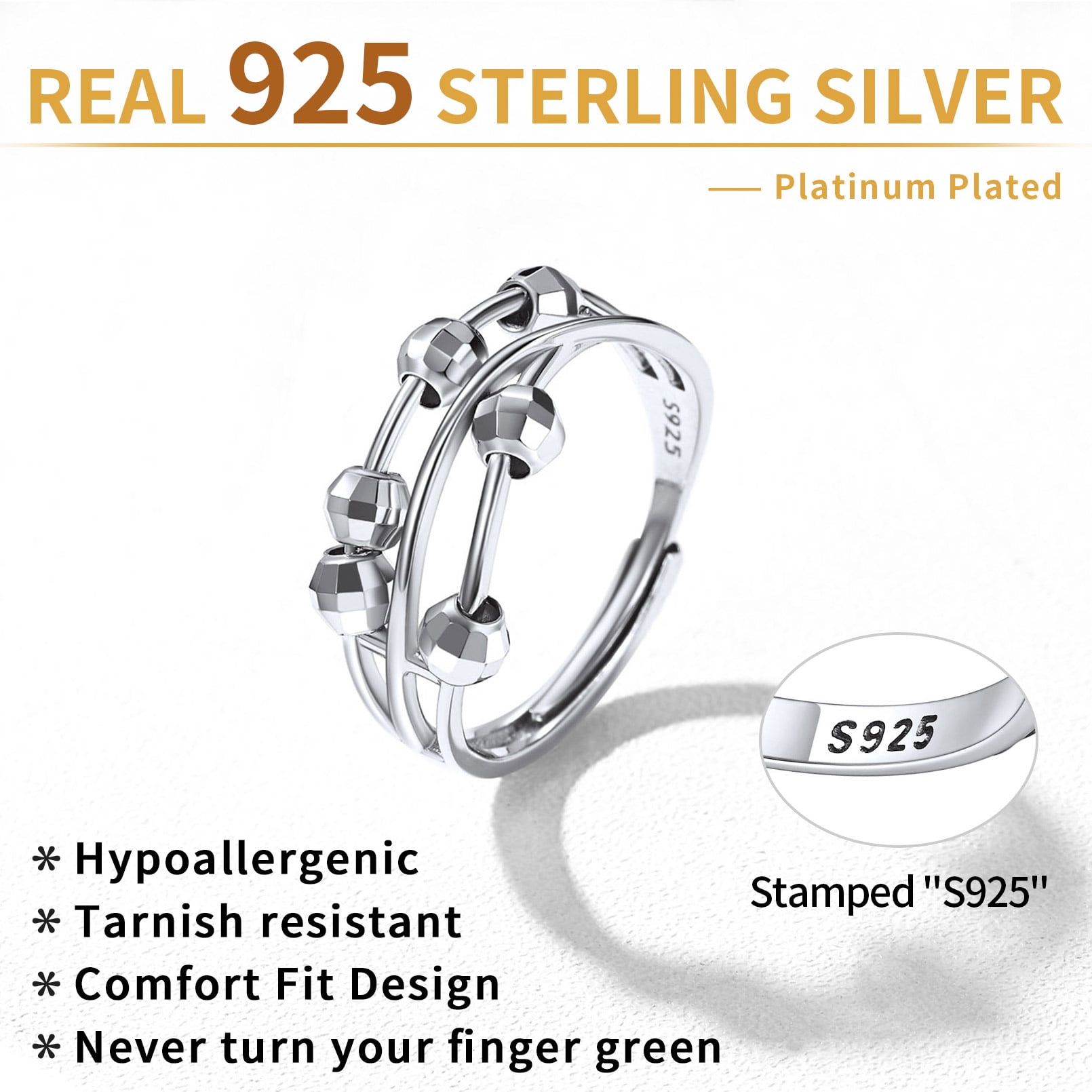 ChicSilver Sterling Silver Open Spinner Ring Fidget Anxiety Rings with Beads Adjustable Stress Relief Rings Finger Ring Gift for Christmas