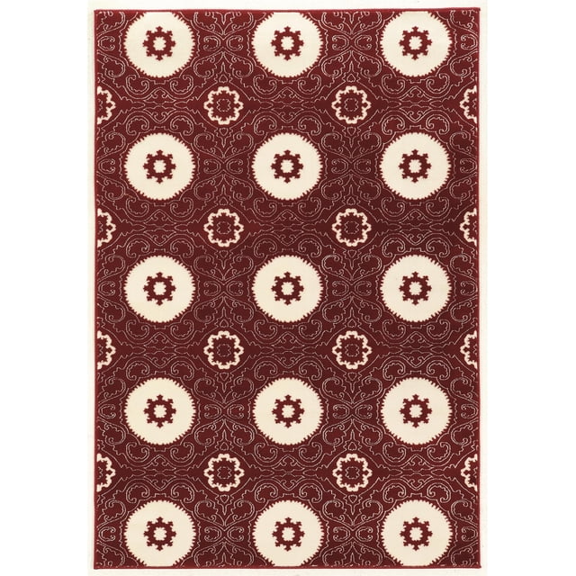 Tapis d'Accent Rectangulaire 5.3X7.6 PRISMA KARMA Fabriqué en Polypropylène 100 % avec une base Tissée Plate Rouge et un Motif Médaillon Circulaire en faux Soie Blanc, Idéal pour la Déco Maison Moderne et Convenant comme accent de Sol Stylé.
