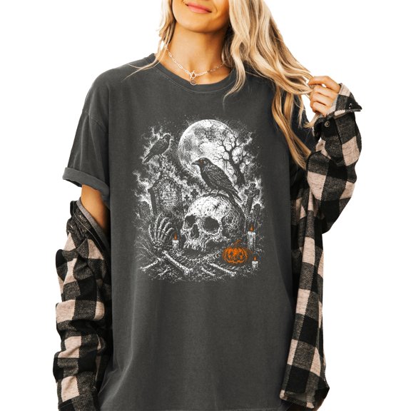 Halloween Skull Cemetery Shirt for Women Spooky Graveyard Graphic Tee, Pepper Shirt, M