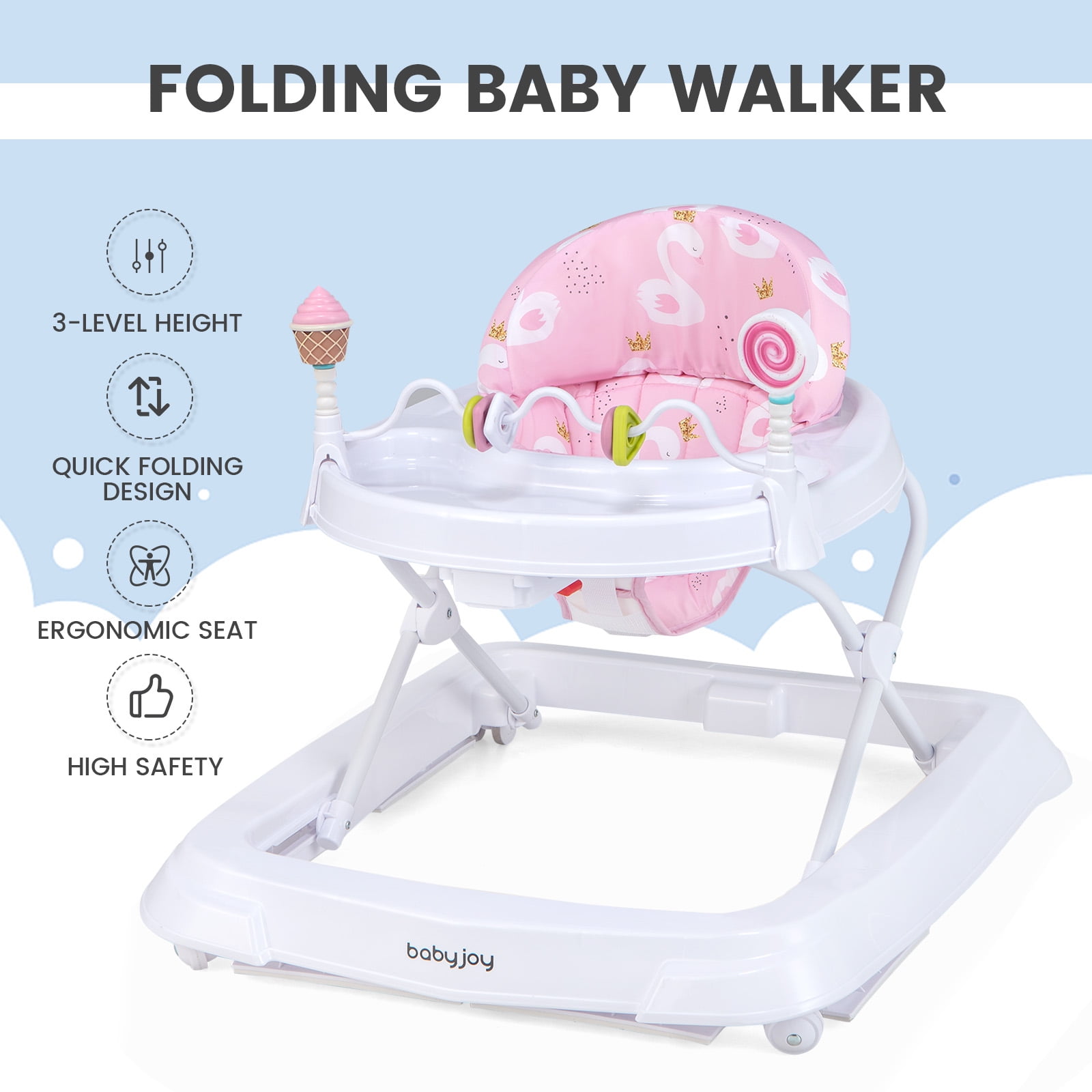 Babyjoy Foldable Baby Activity Walker with  Adjustable Height& Detachable Seat Cushion Pink
