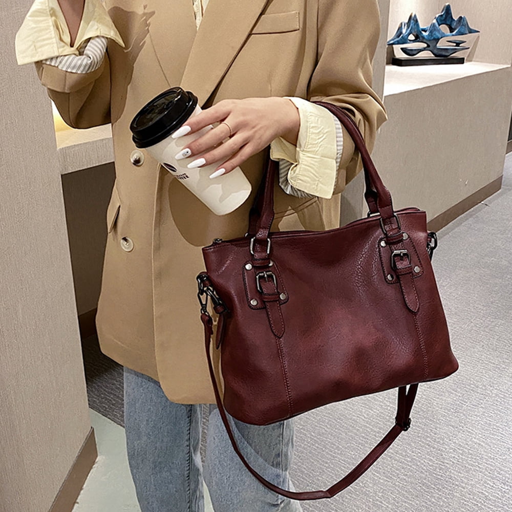 Genuine Leather Handbags Tote Shoulder Bag for Woman Satchel Designer Purse Top Handles Crossbody Bag Large Capacity,Purple red