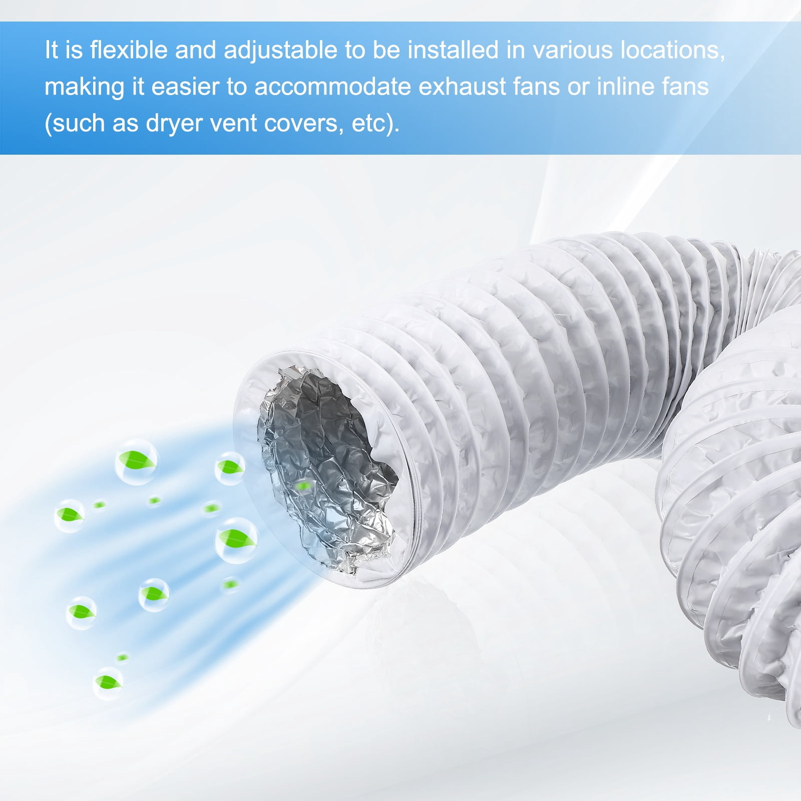 Uxcell 5 Inch Air Duct, 25Ft Length Dryer Vent Hose Flexible Aluminum Ducting for HVAC Include 2 Clamps, White
