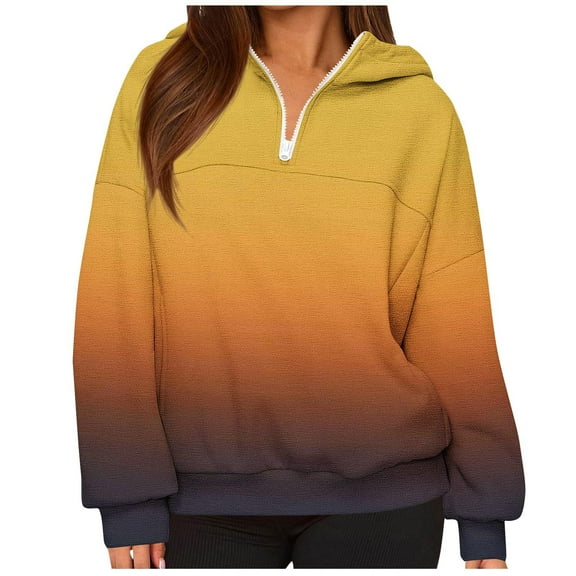QQAMB Sweatshirts for Women Half Zipper Gradient Color Pullover Hoodies Sweatshirts Casual Loose Blouse Yellow S