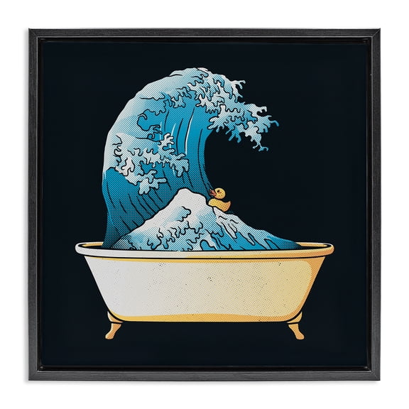 Stupell Industries Bathtub with Kanagawa Wave Black Framed Floater Canvas Wall Art, design by Tobe Fonseca