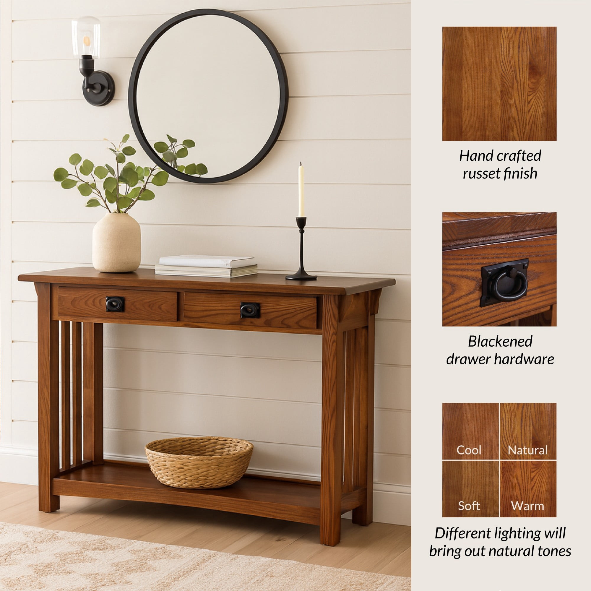 Leick Home Mission Wood Console Table for Entryway and Sofa Table, Medium Oak Finish