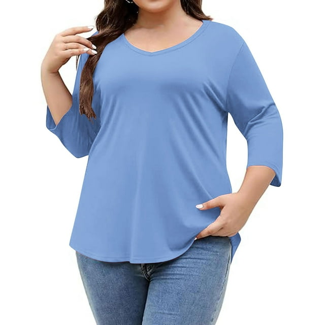 Chbgutlmr 3/4 Length Sleeve Womens Tops V Neck Plus Size Tops Solid Color Loose Comfy Basic Blouses