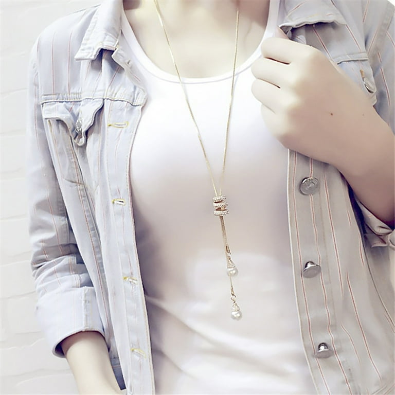 Fairnull Fashion Charm Rhinestone Faux Pearls Pendant Long - Technical View