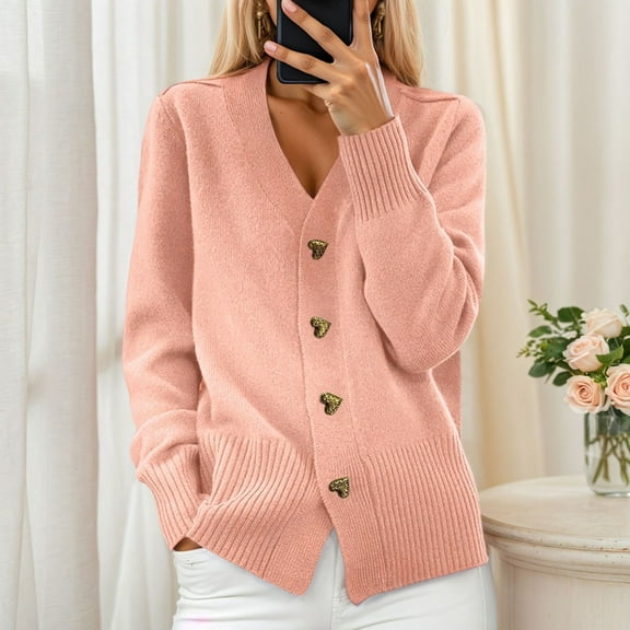 Women'S Autumn Winter Solid Color Long Sleeve V-Neck Knitted Cardigan Sweater Coat Fashion Casual Outerwear