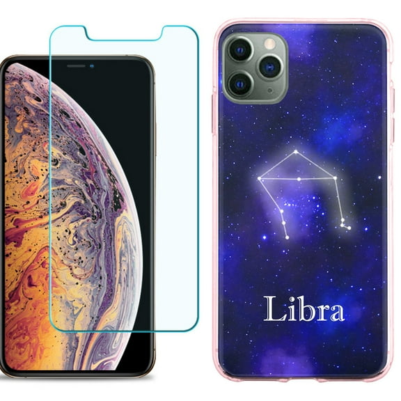 For Apple iPhone 11 Pro Max Case , Slim-Fit TPU Protective Phone Case (Pink Bezel) with Tempered Glass Screen Protector, by OneToughShield ® - Zodiac / Libra