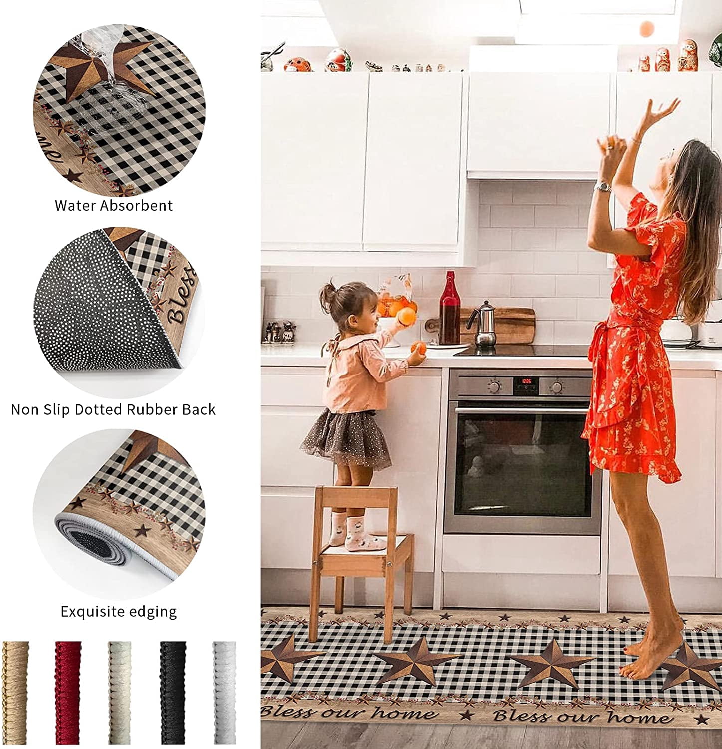 2 Piece Kitchen Rug Set, Farmhouse Black Plaid Non-Slip Floor Mats Absorb Standing Doormat, Vintage Country Star Soft Anti Fatigue Runner Rugs Carpet Sets (18x30+18x48 inch)
