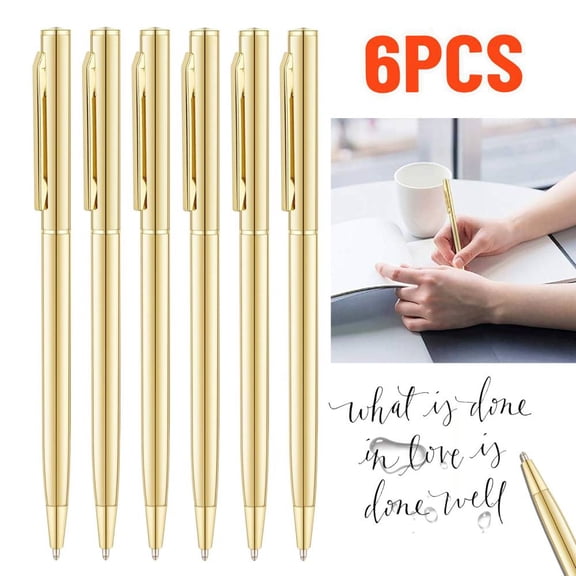 6 Pieces Gold Slim Ballpoint Pens Black ink Medium Point (1 mm), Nice Gift for Wedding Business Office Students Teachers Guest
