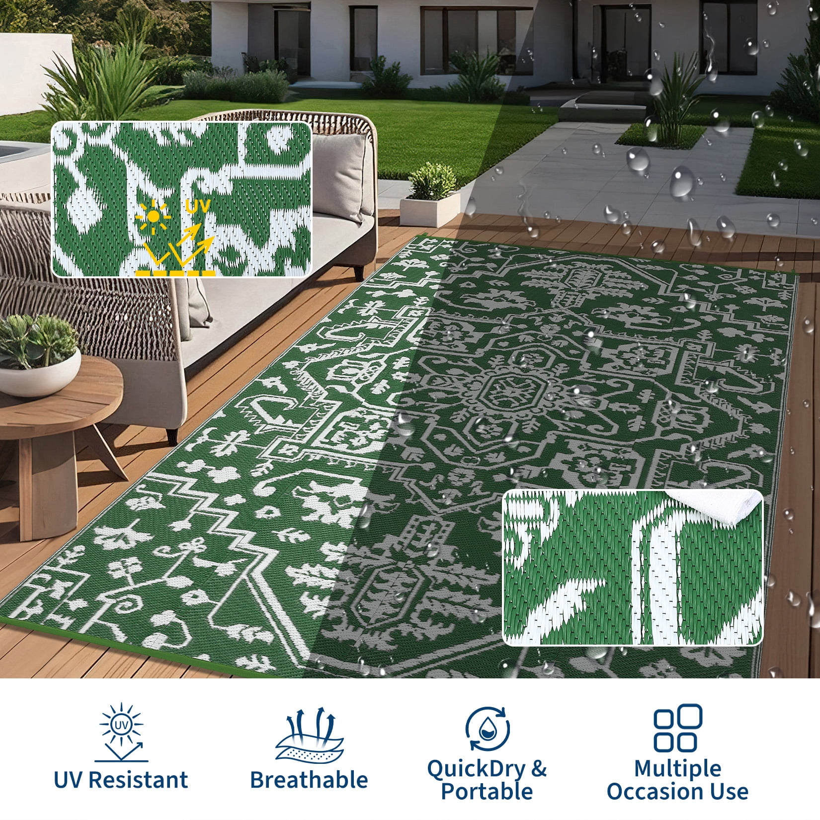 Nanan 9x12 Outdoor Patio Rug, Portable Waterproof Plastic PP Tube Rug, Modern Scalloped Edge Mat for Deck, Yard, Camping, Balcony & Poolside, Green/White