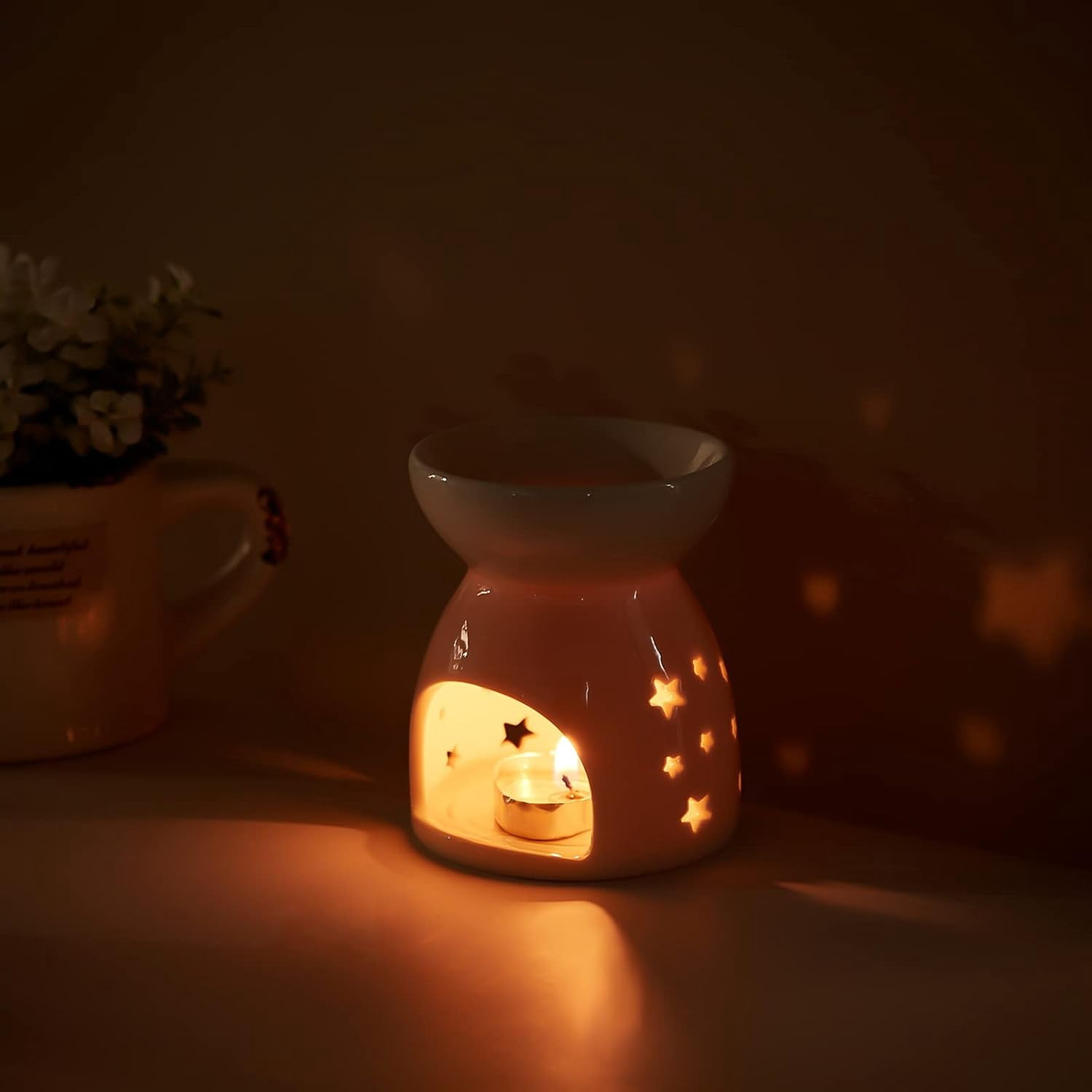 3pcs Hollowing Ceramic Aroma Burner for Fragrance and Aromatherapy Fireworks/Peach Blossoms/Stars Hollowing Pattern Essential Oil Incense Aroma Burner Oil Lamps Tealight Candle Holder DIYDIY