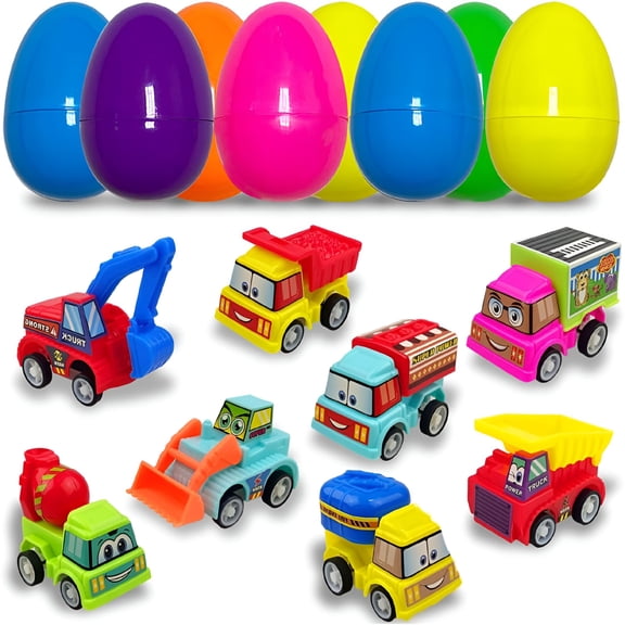 CYFW 8 Pack Prefilled Plastic Easter Eggs with Pull Back Engineering Cars Toys Inside for Kids Boys Girls Toddlers Easter Basket Stuffers Gifts Party Favors