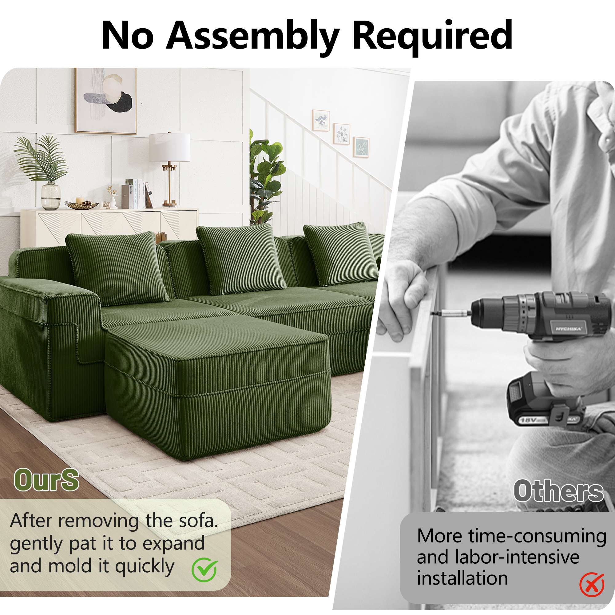 Modular 3 Seat Boneless Sofa, Cloud Sectional Couch with Deep Seat, Modern Modular 3-Seat Sofa Couch with Throw Pillows Corduroy Fabric Green