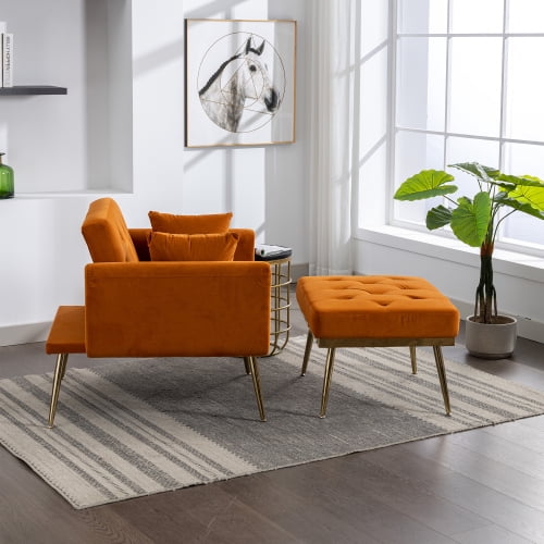 BSHTI 36.61'' Wide Modern Accent Chair With 3 Positions Adjustable Backrest, Tufted Chaise Lounge Chair, Single Recliner Armchair With Ottoman And Gold Legs For Living Room, Bedroom (Orange)