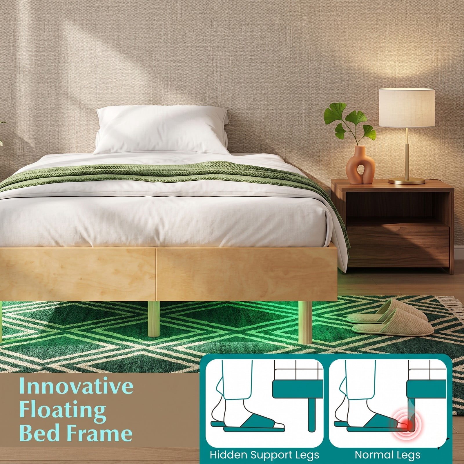 Furnibear Twin Size Floating Wood Platform Bed Frame with RGB LED Lights and Remote Control for Bedroom, No Box Spring Needed, Natural