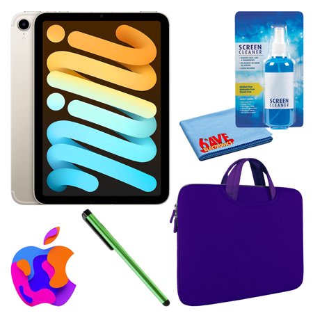 Apple iPad Mini 6 (2021, 256GB, Wi-Fi, Starlight) (MK7V3LL/A) Bundle with Purple Zipper Sleeve + Screen Cleaning Kit