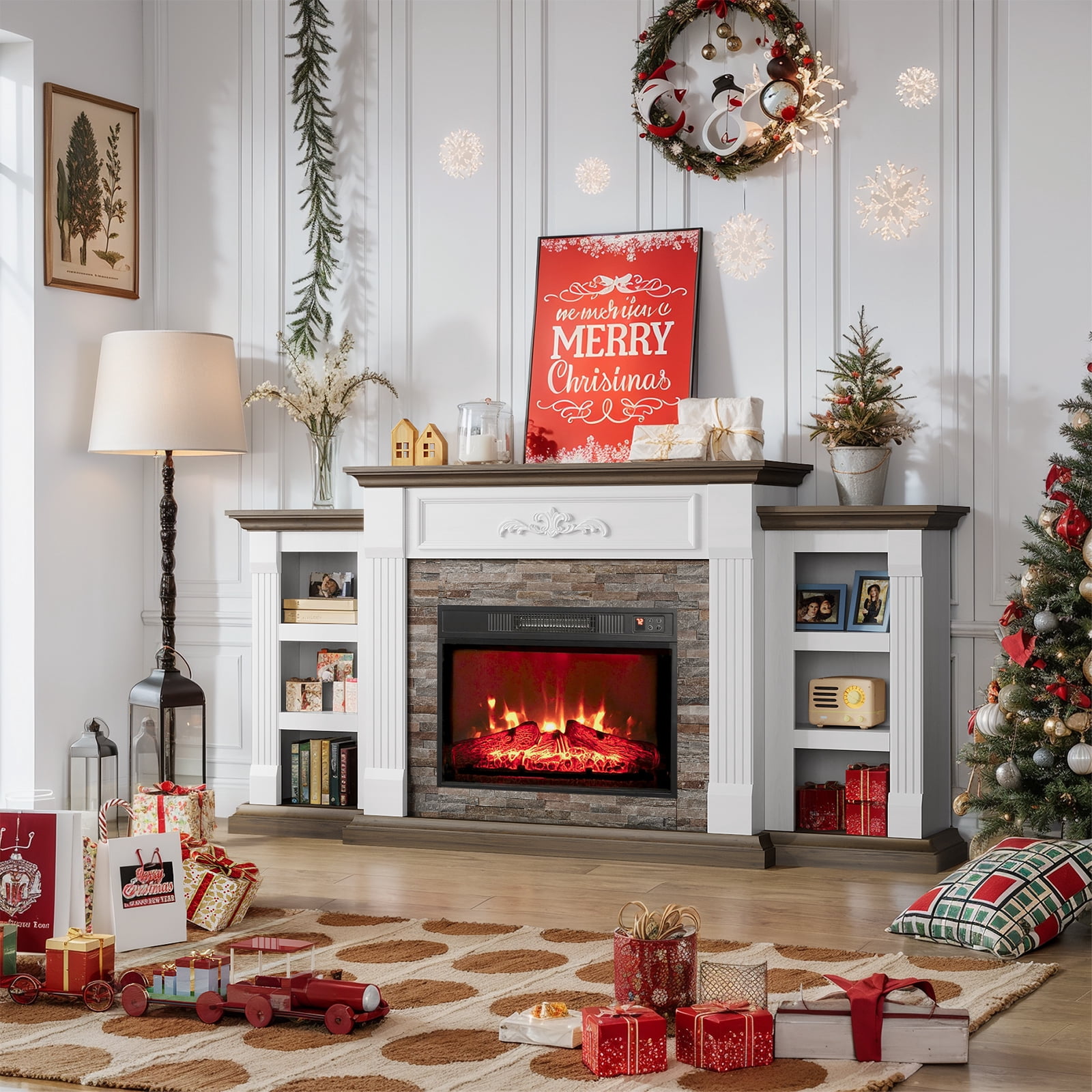 LGHM 72" Fireplace TV Stand for 75 inch 80 inch TV, Electric Fireplace with Mantel, Farmhouse Entertainment Center with 23" Electric Fireplace, White Brown