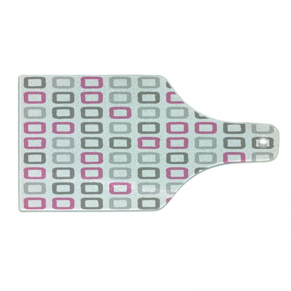 Geometric Cutting Board, Square Frames in Vintage Colors Geometric Pale Toned Illustration, Decorative Tempered Glass Cutting and Serving Board, Wine Bottle Shape, Pink White Grey, by Ambesonne