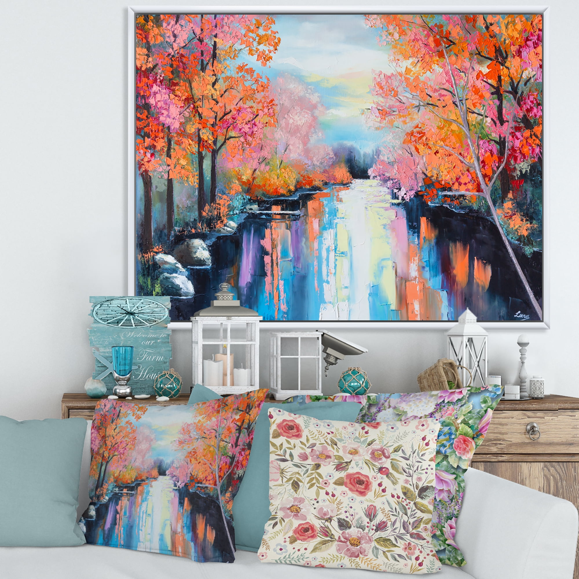 Designart 'The River Through Orange Autumn Forest' Lake House Framed Canvas Wall Art Print