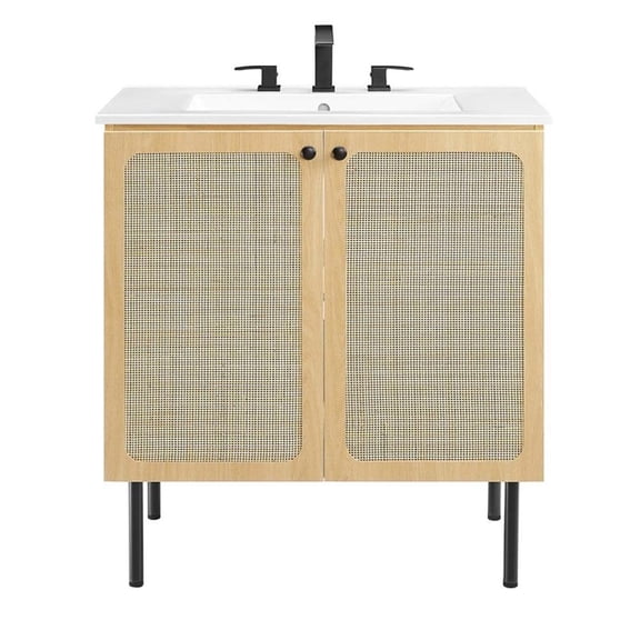 Modway Chaucer 30" Wood & Rattan Bathroom Vanity in Oak/White