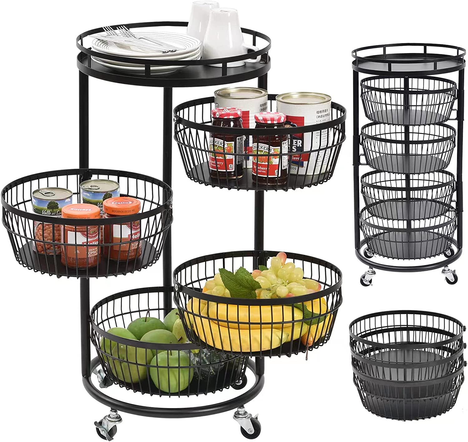 Steel Kitchen Storage Basket, Tower Basket Shelves Organizer on Rolling