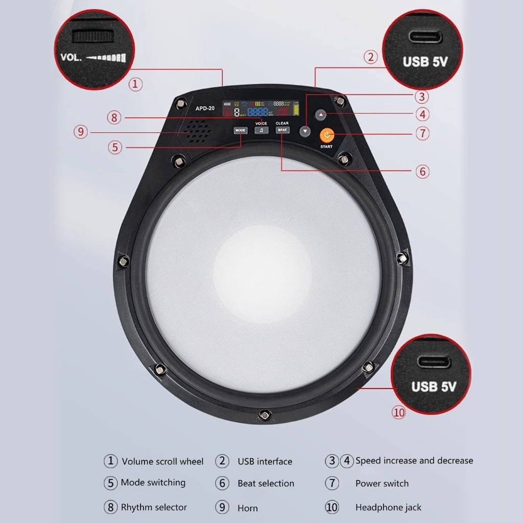 APD-20 Electronic Mute Drum Beating Board Electronic Drum Pad Vocal/Count/Speed Practice Modes Metronome Training Pad