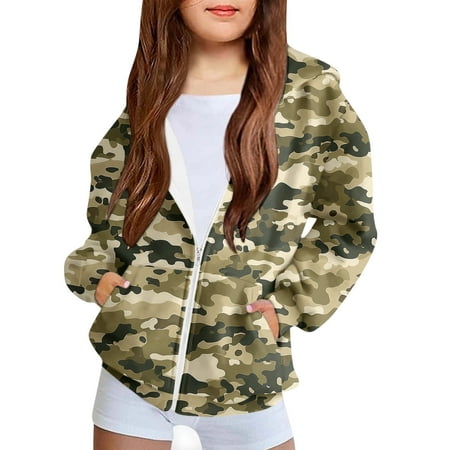 SERTG Kids Cute Printed Hooded Tops Long Sleeved Sweatshirt with Pockets Fleece Top Hooded Sweatshirt for Boys and Girls 4-12 Years(Army Green 11 Years)