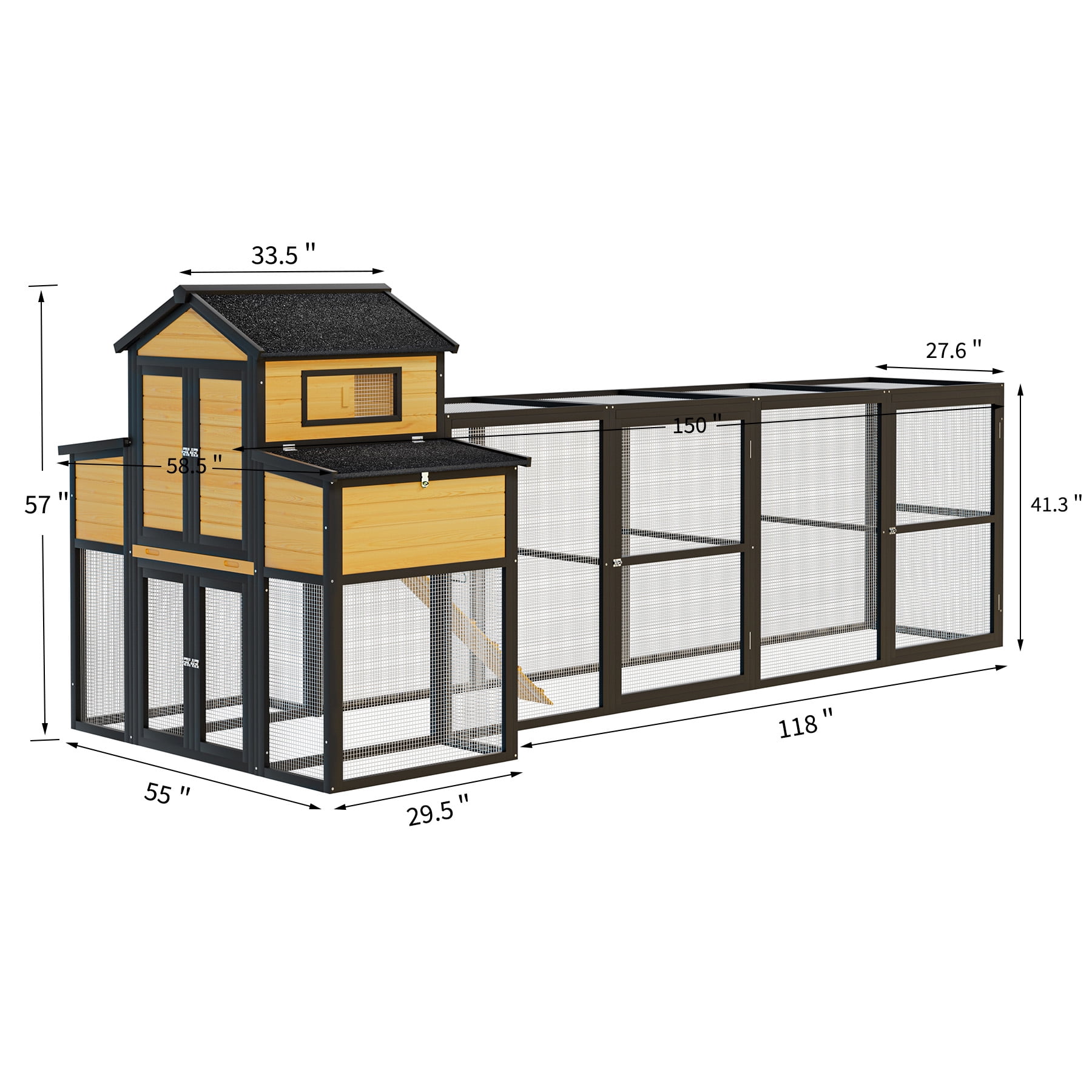 MAYEERTY 150" Black Large Wooden Chicken Coop with Run, Nesting Boxes Pull-Out Tray Sliding Door for 4-6 Chickens