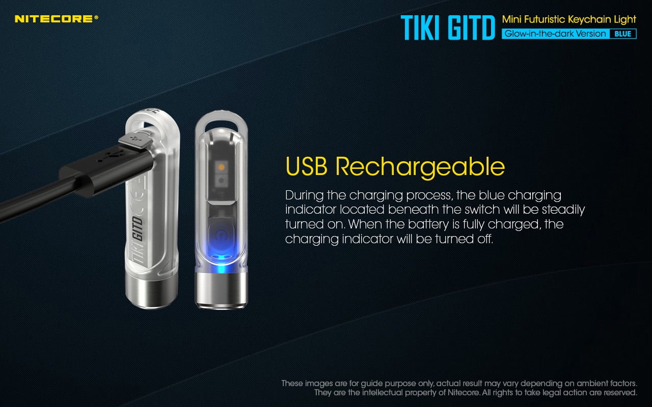 Nitecore TIKI GITD OSRAM P8 LED Rechargeable Keychain Flashlight, 300 Lumens, Bl